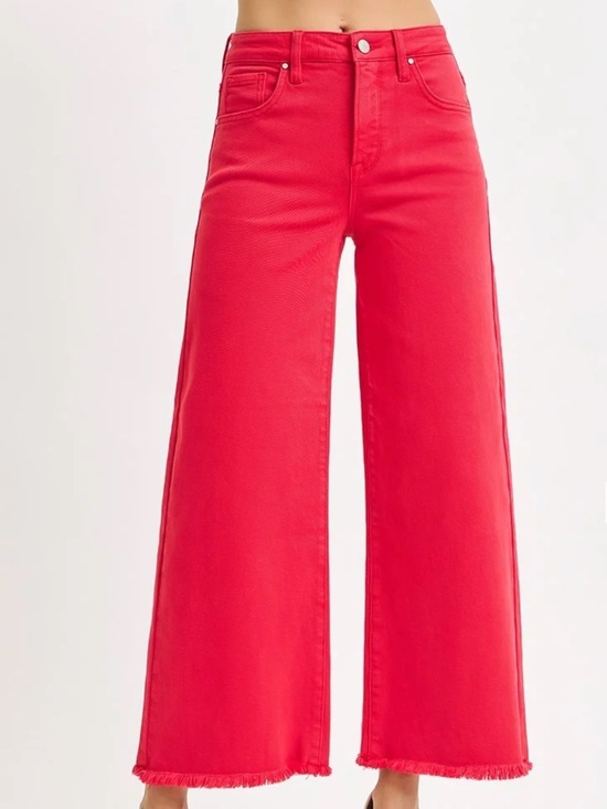 Risen Denim - RISEN Cropped Tummy Control High Rise Wide Leg Palazzo Jeans with Frayed Hem